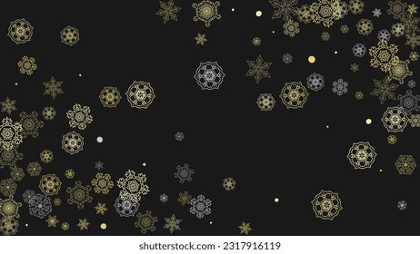Schneeflocken aus Glitzern auf weißem, horizontalem Hintergrund. Shiny Christmas und Neujahr Rahmen für Geschenkgutscheine, Anzeigen, Banner, Flyer. Fallschnee mit goldgelben Schneeflocken für Partyeinladung
