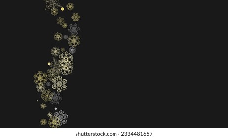 Glitter snowflakes frame on white horizontal background. Shiny Christmas and New Year frame for gift certificate, ads, banners, flyers. Falling snow with golden glitter snowflakes for party invite
