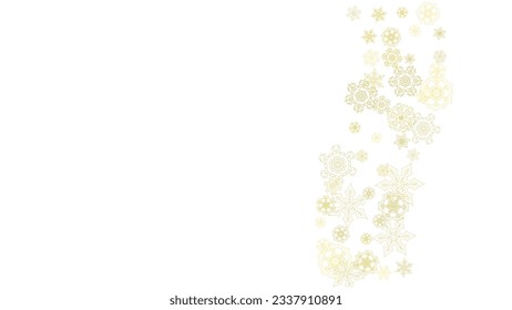 Glitter snowflakes frame on white horizontal background. Shiny Christmas and New Year frame for gift certificate, ads, banners, flyers. Falling snow with golden glitter snowflakes for party invite