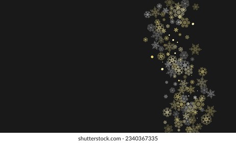 Glitter snowflakes frame on white horizontal background. Shiny Christmas and New Year frame for gift certificate, ads, banners, flyers. Falling snow with golden glitter snowflakes for party invite