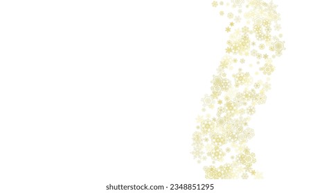 Glitter snowflakes frame on white horizontal background. Shiny Christmas and New Year frame for gift certificate, ads, banners, flyers. Falling snow with golden glitter snowflakes for party invite