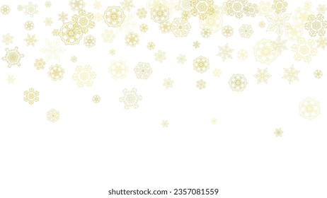 Glitter snowflakes frame on white horizontal background. Shiny Christmas and New Year frame for gift certificate, ads, banners, flyers. Falling snow with golden glitter snowflakes for party invite