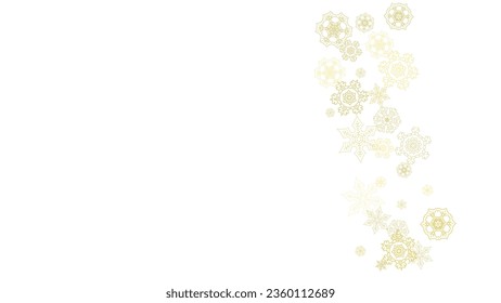 Glitter snowflakes frame on white horizontal background. Shiny Christmas and New Year frame for gift certificate, ads, banners, flyers. Falling snow with golden glitter snowflakes for party invite