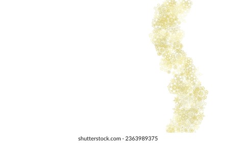 Glitter snowflakes frame on white horizontal background. Shiny Christmas and New Year frame for gift certificate, ads, banners, flyers. Falling snow with golden glitter snowflakes for party invite