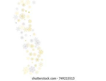 Glitter snowflakes frame on white horizontal background. Shiny Christmas and New Year frame for gift certificate, ads, banners, flyers. Falling snow with golden glitter snowflakes for party invite