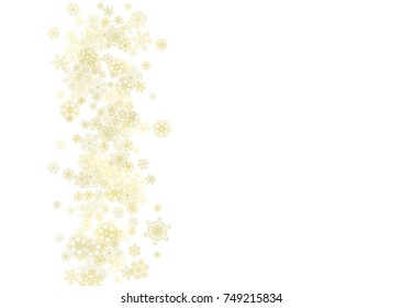 Glitter snowflakes frame on white horizontal background. Shiny Christmas and New Year frame for gift certificate, ads, banners, flyers. Falling snow with golden glitter snowflakes for party invite