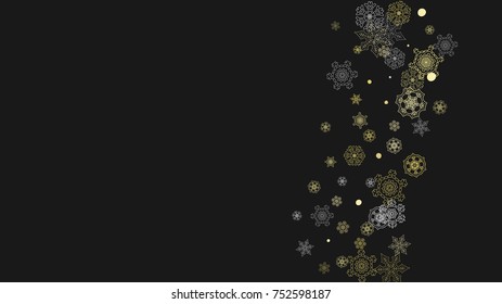 Glitter snowflakes frame on white horizontal background. Shiny Christmas and New Year frame for gift certificate, ads, banners, flyers. Falling snow with golden glitter snowflakes for party invite