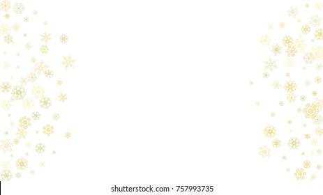 Glitter snowflakes frame on white horizontal background. Shiny Christmas and New Year frame for gift certificate, ads, banners, flyers. Falling snow with golden glitter snowflakes for party invite