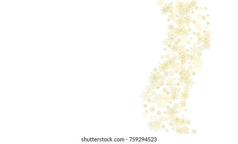 Glitter snowflakes frame on white horizontal background. Shiny Christmas and New Year frame for gift certificate, ads, banners, flyers. Falling snow with golden glitter snowflakes for party invite