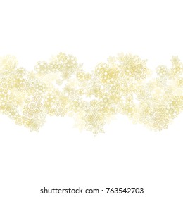 Glitter snowflakes frame on white background. Winter window. Shiny Christmas and New Year frame for gift certificate, ads, banners, flyers. Falling snow with golden glitter snowflakes for party invite