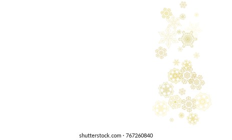 Glitter snowflakes frame on white horizontal background. Shiny Christmas and New Year frame for gift certificate, ads, banners, flyers. Falling snow with golden glitter snowflakes for party invite