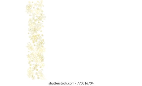 Glitter snowflakes frame on white horizontal background. Shiny Christmas and New Year frame for gift certificate, ads, banners, flyers. Falling snow with golden glitter snowflakes for party invite