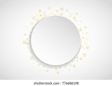 Glitter snowflakes frame on white horizontal background. Paper Christmas and New Year frame for gift certificate, ads, banners, flyers. Falling snow with golden glitter snowflakes for party invite