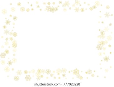 Glitter snowflakes frame on white horizontal background. Shiny Christmas and New Year frame for gift certificate, ads, banners, flyers. Falling snow with golden glitter snowflakes for party invite