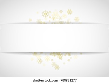 Glitter snowflakes frame on white horizontal background. Paper Christmas and New Year frame for gift certificate, ads, banners, flyers. Falling snow with golden glitter snowflakes for party invite