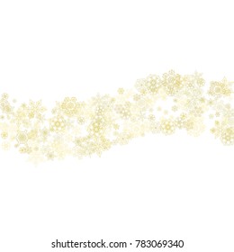 Glitter snowflakes frame on white background. Winter window. Shiny Christmas and New Year frame for gift certificate, ads, banners, flyers. Falling snow with golden glitter snowflakes for party invite