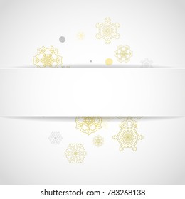 Glitter snowflakes frame on white square background. Paper Christmas and New Year frame for gift certificate, ads, banners, flyers. Falling snow with golden glitter snowflakes for party invite