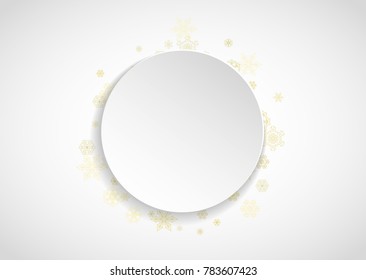 Glitter snowflakes frame on white horizontal background. Paper Christmas and New Year frame for gift certificate, ads, banners, flyers. Falling snow with golden glitter snowflakes for party invite