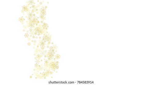 Glitter snowflakes frame on white horizontal background. Shiny Christmas and New Year frame for gift certificate, ads, banners, flyers. Falling snow with golden glitter snowflakes for party invite