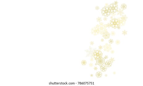 Glitter snowflakes frame on white horizontal background. Shiny Christmas and New Year frame for gift certificate, ads, banners, flyers. Falling snow with golden glitter snowflakes for party invite