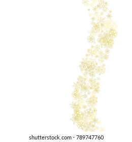 Glitter snowflakes frame on white background. Winter window. Shiny Christmas and New Year frame for gift certificate, ads, banners, flyers. Falling snow with golden glitter snowflakes for party invite