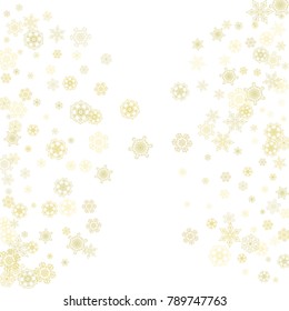 Glitter snowflakes frame on white background. Winter window. Shiny Christmas and New Year frame for gift certificate, ads, banners, flyers. Falling snow with golden glitter snowflakes for party invite