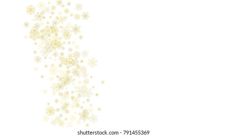 Glitter snowflakes frame on white horizontal background. Shiny Christmas and New Year frame for gift certificate, ads, banners, flyers. Falling snow with golden glitter snowflakes for party invite
