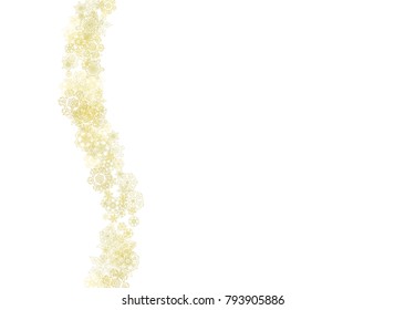Glitter snowflakes frame on white horizontal background. Shiny Christmas and New Year frame for gift certificate, ads, banners, flyers. Falling snow with golden glitter snowflakes for party invite