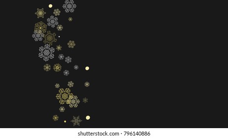 Glitter snowflakes frame on white horizontal background. Shiny Christmas and New Year frame for gift certificate, ads, banners, flyers. Falling snow with golden glitter snowflakes for party invite
