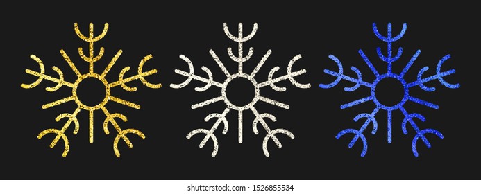 Glitter snowflakes on dark background. Set of  three gold, silver and blue glitter snowflakes. Christmas and New Year decoration elements. Vector illustration.