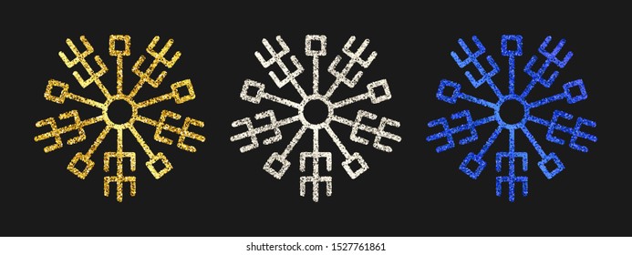 Glitter snowflakes on dark background. Set of  three gold, silver and blue glitter snowflakes. Christmas and New Year decoration elements. Vector illustration.