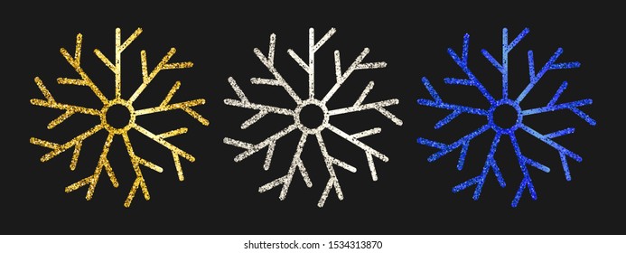 Glitter snowflakes on dark background. Set of  three gold, silver and blue glitter snowflakes. Christmas and New Year decoration elements. Vector illustration.