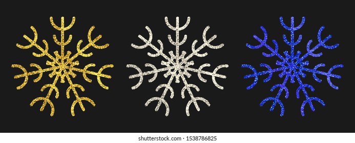 Glitter snowflakes on dark background. Set of  three gold, silver and blue glitter snowflakes. Christmas and New Year decoration elements. Vector illustration.