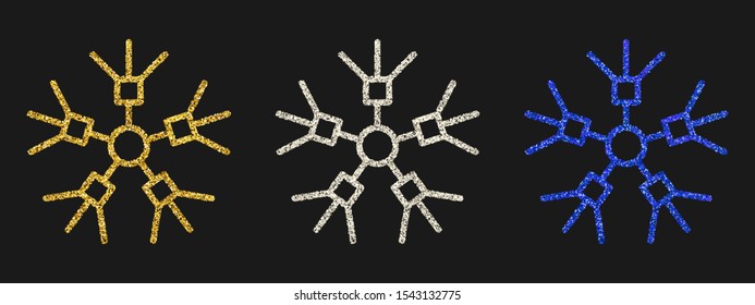 Glitter snowflakes on dark background. Set of  three gold, silver and blue glitter snowflakes. Christmas and New Year decoration elements. Vector illustration.
