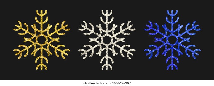 Glitter snowflakes on dark background. Set of  three gold, silver and blue glitter snowflakes. Christmas and New Year decoration elements. Vector illustration.