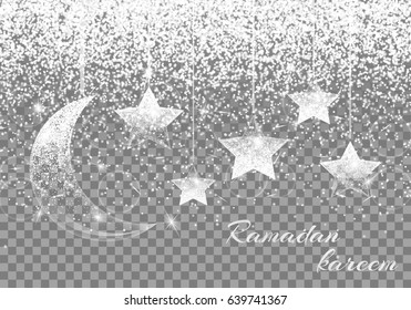 Glitter sparkle background with brilliant light, a crescent moon and star. Ramadan kareem pattern.
