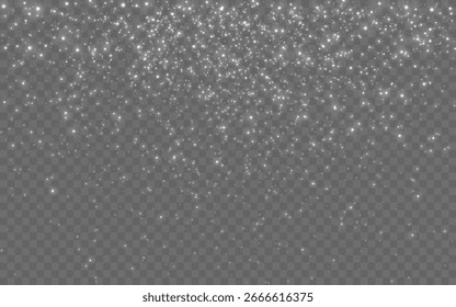 Glitter sparkle background with silver light particles. Christmas magic rain effect for holiday or celebration design. White falling confetti. Bright festive shimmer. Vector illustration.