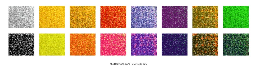 Brillo brillante textura colorida conjunto de Ilustración vectorial aislada sobre fondo transparente. Patrones brillantes del oro, de la plata, del rosa, púrpura, verde, negro para la decoración festiva del diseño
