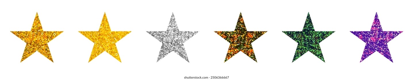 Glitter sparkle colorful textured regular five-pointed stars set vector illustration isolated on transparent background. Gold, silver, purple, green, shiny stickers, clip art, festive decoration