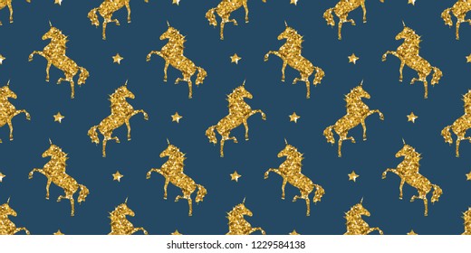 Glitter sparkle gold and Stars Unicorn. Magical animal Pattern