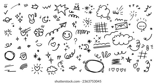 Doodle cute glitter pen line elements. Sparkle pen line elements. Simple sketch line style emphasis, attention. Heart, arrow, star, underline, speech balloons, sparkle decoration symbol set icon