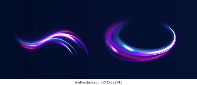 Recorrido de estrella brillante, efecto de luz, ilustración del vector de flujo de ondas abstractas. Imagen vectorial de trazas de luz coloridas con efecto de desenfoque de movimiento, exposición de largo tiempo aislada en el fondo