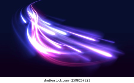 Brillo brillante rastro de la estrella, efecto de luz, Ilustración vectorial de flujo de ondas abstractas. Vector Imagen de coloridos senderos de luz con efecto de desenfoque de movimiento, exposición de largo tiempo aislado en el fondo.	