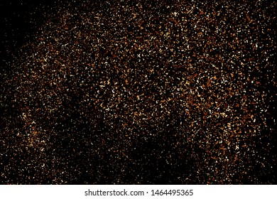 Glitter sparkle texture background with coffee brown gold golden dust particle on black. Shimmer shine abstract pattern scattered dot grain powder. Elegant luxury decorative overlay effect vector