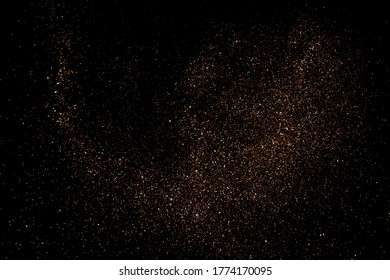 Glitter sparkle texture background with coffee brown gold golden dust particle on black. Shimmer shine abstract pattern scattered dot grain powder. Elegant luxury decorative overlay effect vector