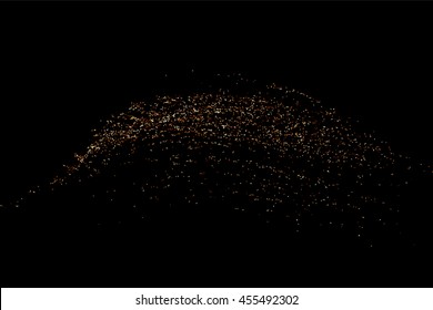 Glitter sparkle texture background with coffee brown gold golden dust particle on black. Shimmer shine abstract pattern scattered dot grain powder. Elegant luxury decorative overlay effect vector