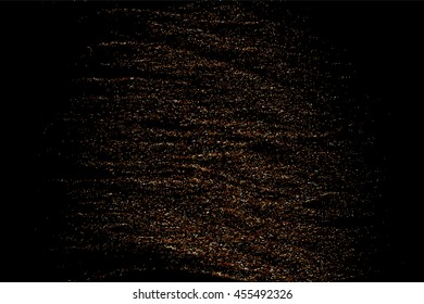Glitter sparkle texture background with coffee brown gold golden dust particle on black. Shimmer shine abstract pattern scattered dot grain powder. Elegant luxury decorative overlay effect vector