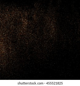 Glitter sparkle texture background with coffee brown gold golden dust particle on black. Shimmer shine abstract pattern scattered dot grain powder. Elegant luxury decorative overlay effect vector