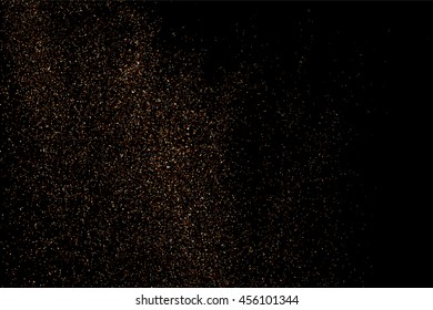 Glitter sparkle texture background with coffee brown gold golden dust particle on black. Shimmer shine abstract pattern scattered dot grain powder. Elegant luxury decorative overlay effect vector