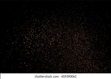 Glitter sparkle texture background with coffee brown gold golden dust particle on black. Shimmer shine abstract pattern scattered dot grain powder. Elegant luxury decorative overlay effect vector
